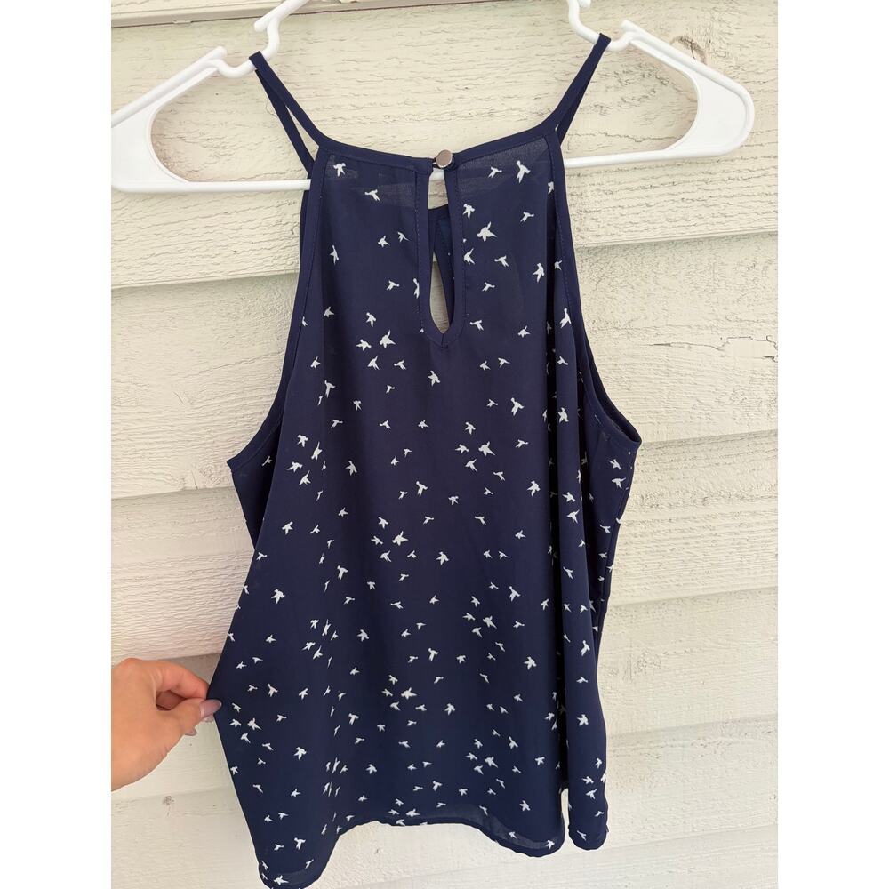 Papermoon Navy Bird Print Keyhole Tank Top Size Small Flowy Sleeveless Blouse - Picture 2 of 6